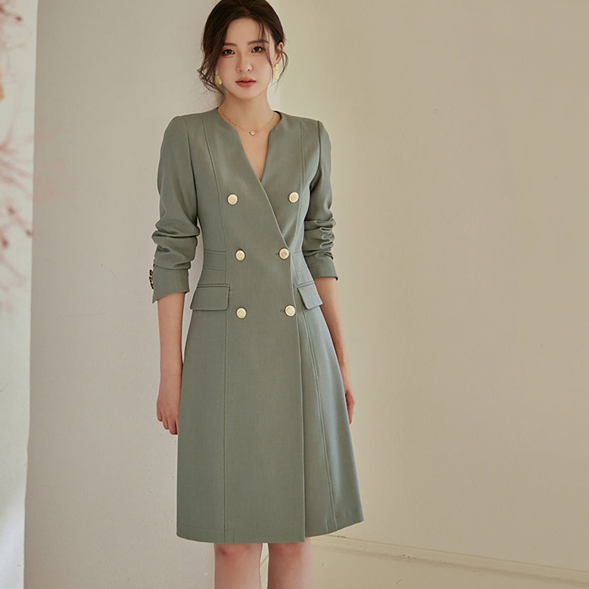 Modern Double Breasted Green Dress   0cm