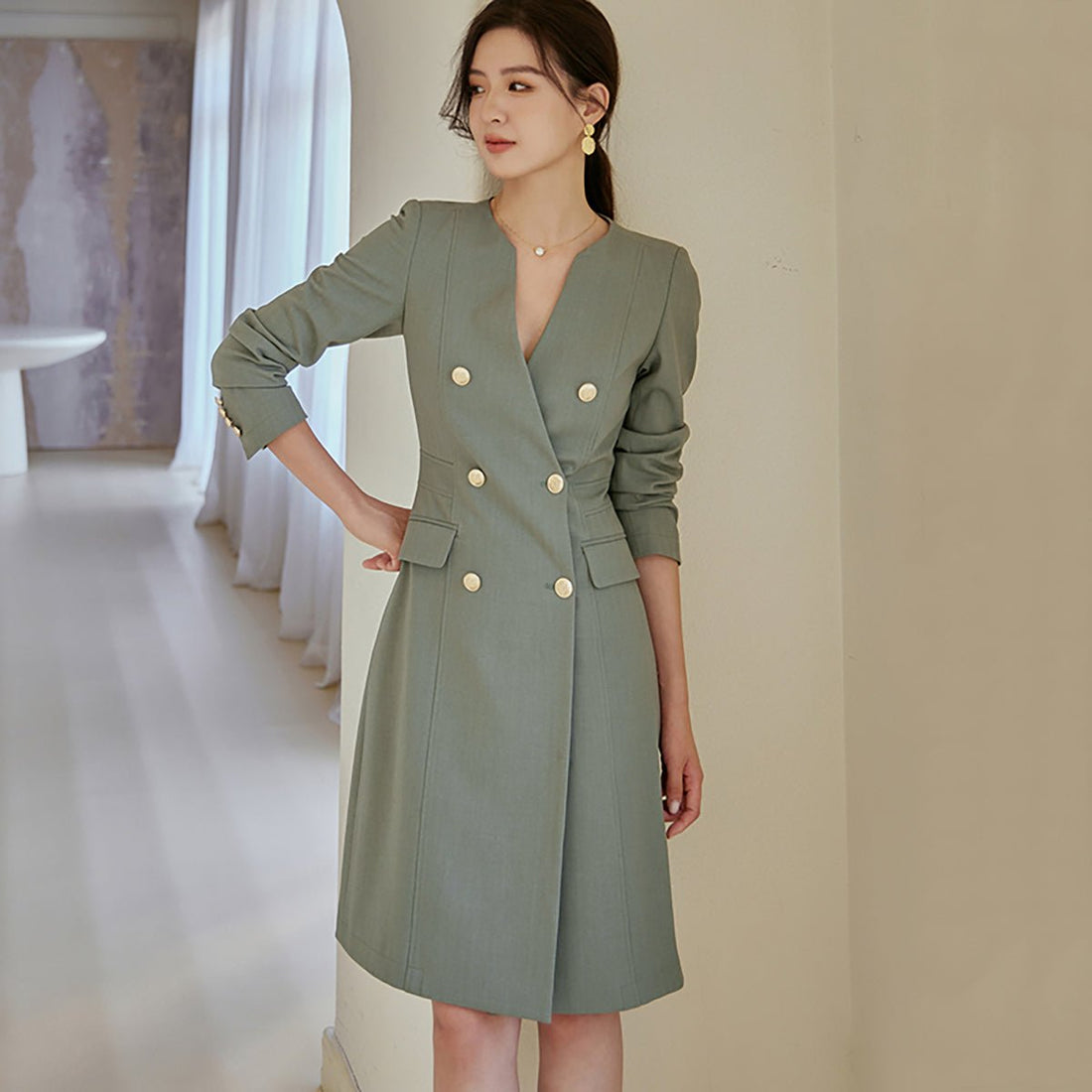 Modern Double-Breasted Green Dress - 0cm