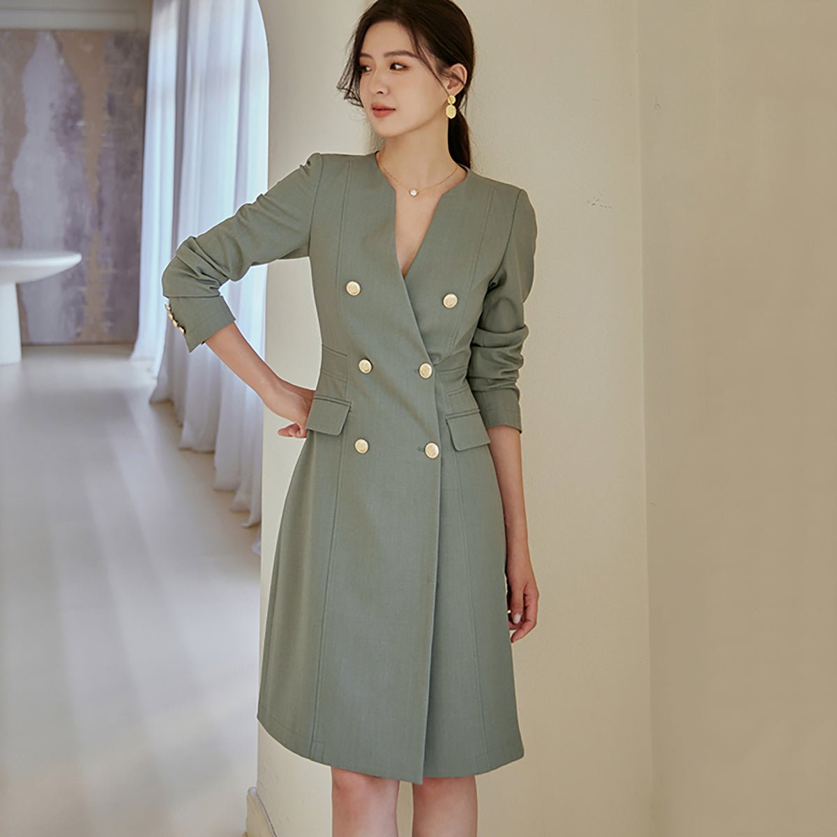 Modern Double Breasted Green Dress   0cm