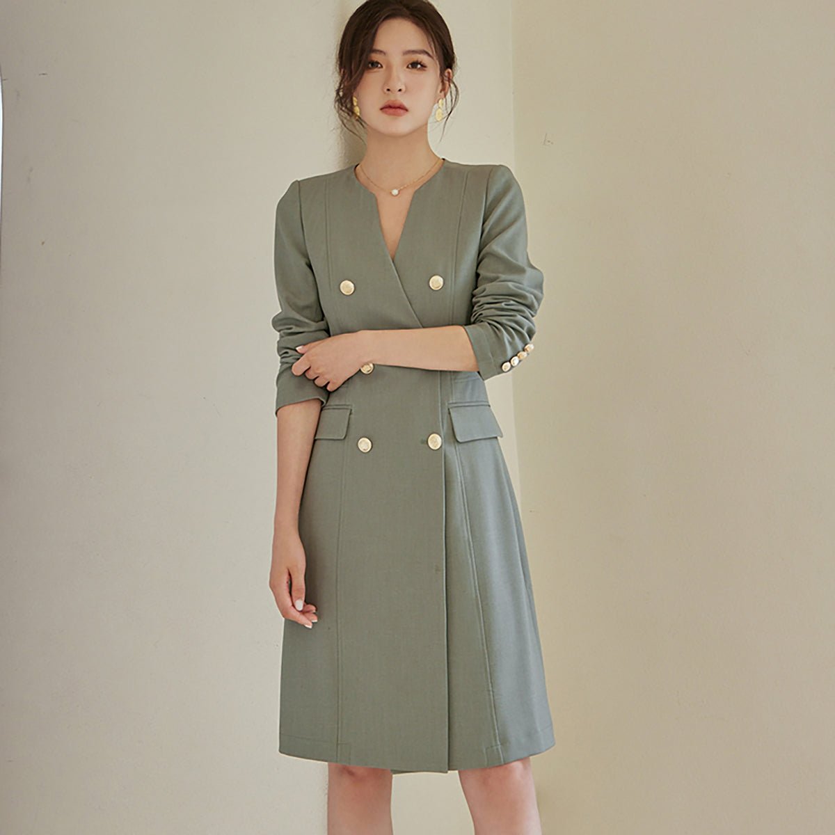 Modern Double Breasted Green Dress   0cm