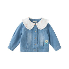 Mushroom Flower Embroidery Girl Removable Shirt Collar Blue Denim Jacket