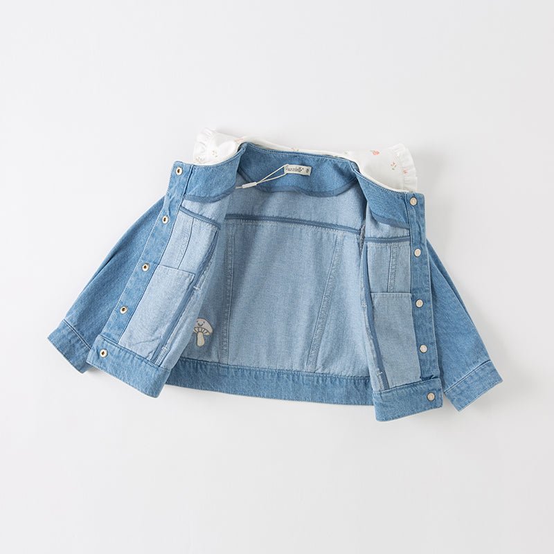 Mushroom Flower Embroidery Girl Removable Shirt Collar Blue Denim Jacket   0cm