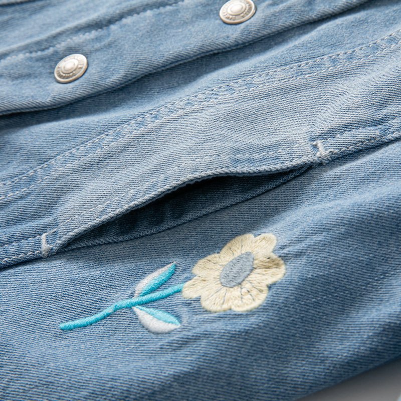 Mushroom Flower Embroidery Girl Removable Shirt Collar Blue Denim Jacket - 0cm
