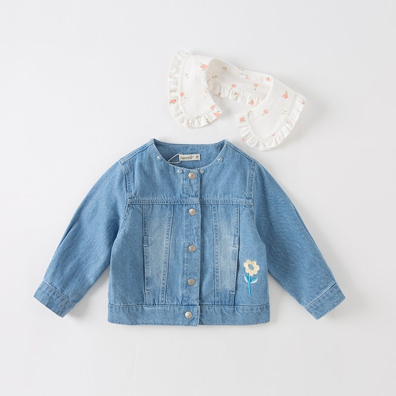 Mushroom Flower Embroidery Girl Removable Shirt Collar Blue Denim Jacket   0cm