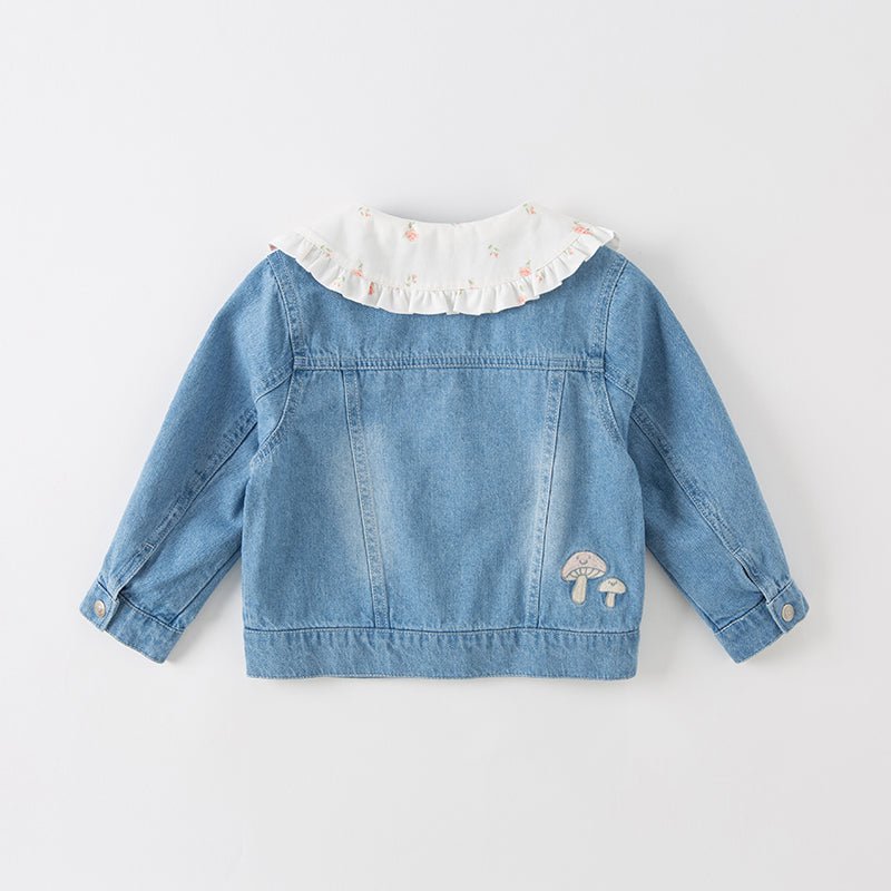 Mushroom Flower Embroidery Girl Removable Shirt Collar Blue Denim Jacket   0cm