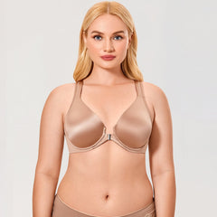 Natural Look Seamless Front Closure T-back Underwire Plunge Brown Bra