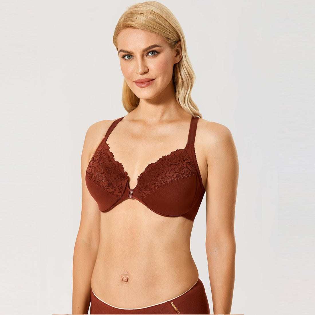 Natural Shaping Front Closure Underwire Maroon Full Coverage Lace Bra - 0cm