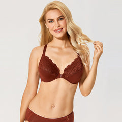 Natural Shaping Front Closure Underwire Maroon Full Coverage Lace Bra