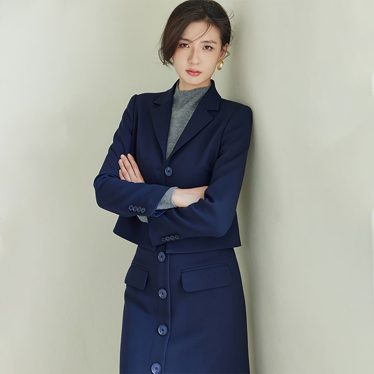 Navy Cropped Blazer and Long Skirt Set   0cm