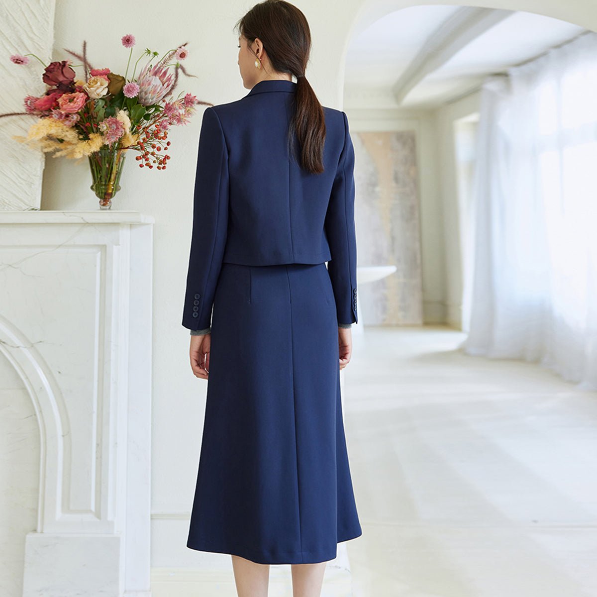 Navy Cropped Blazer and Long Skirt Set   0cm