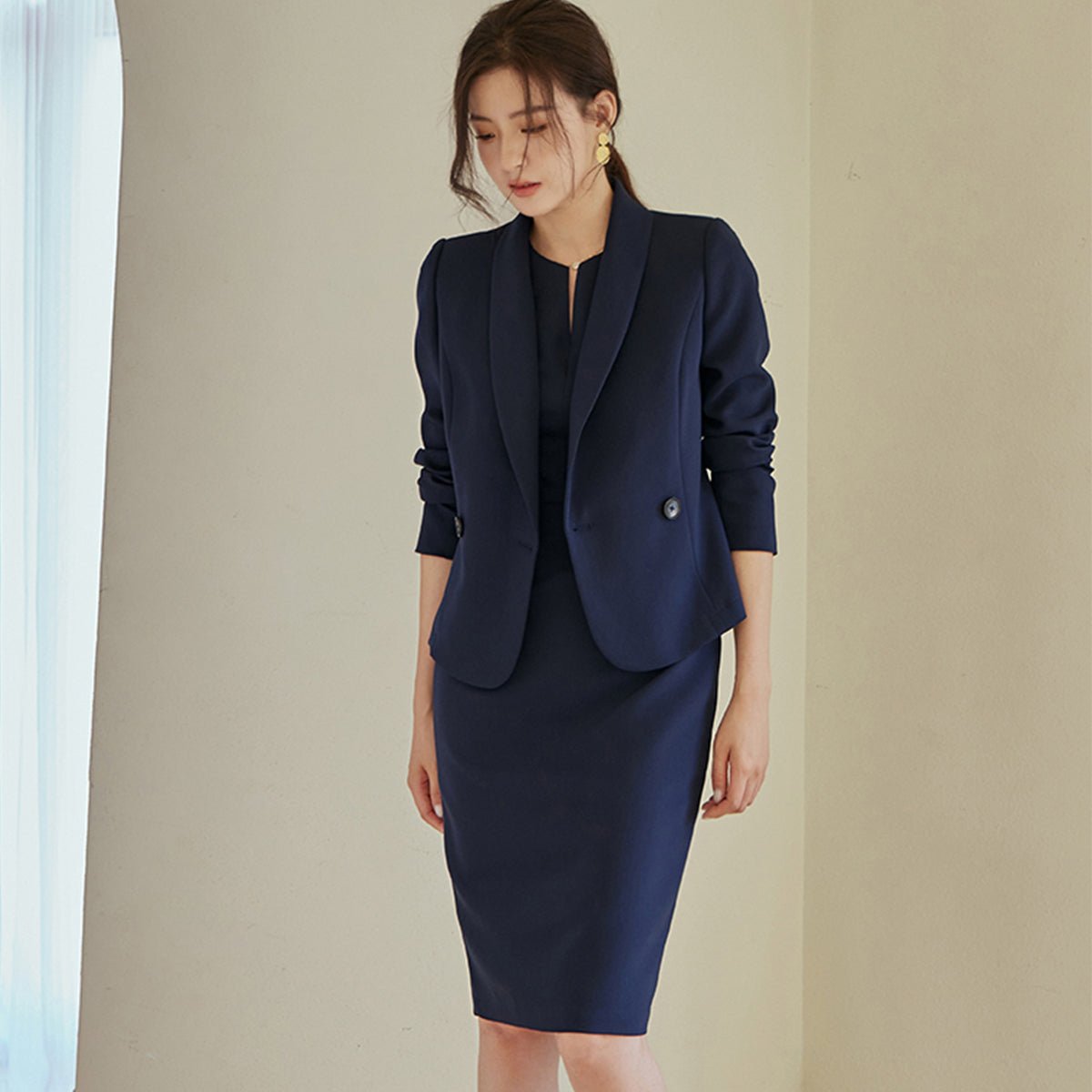 Navy Double Breasted Blazer and Pencil Skirt Set   0cm