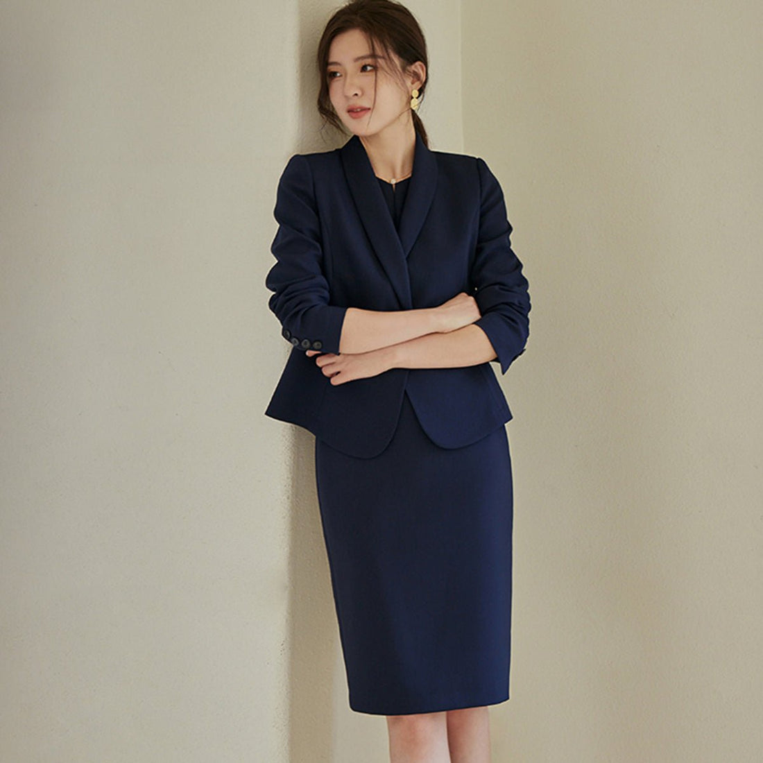 Navy Double-Breasted Blazer and Pencil Skirt Set - 0cm