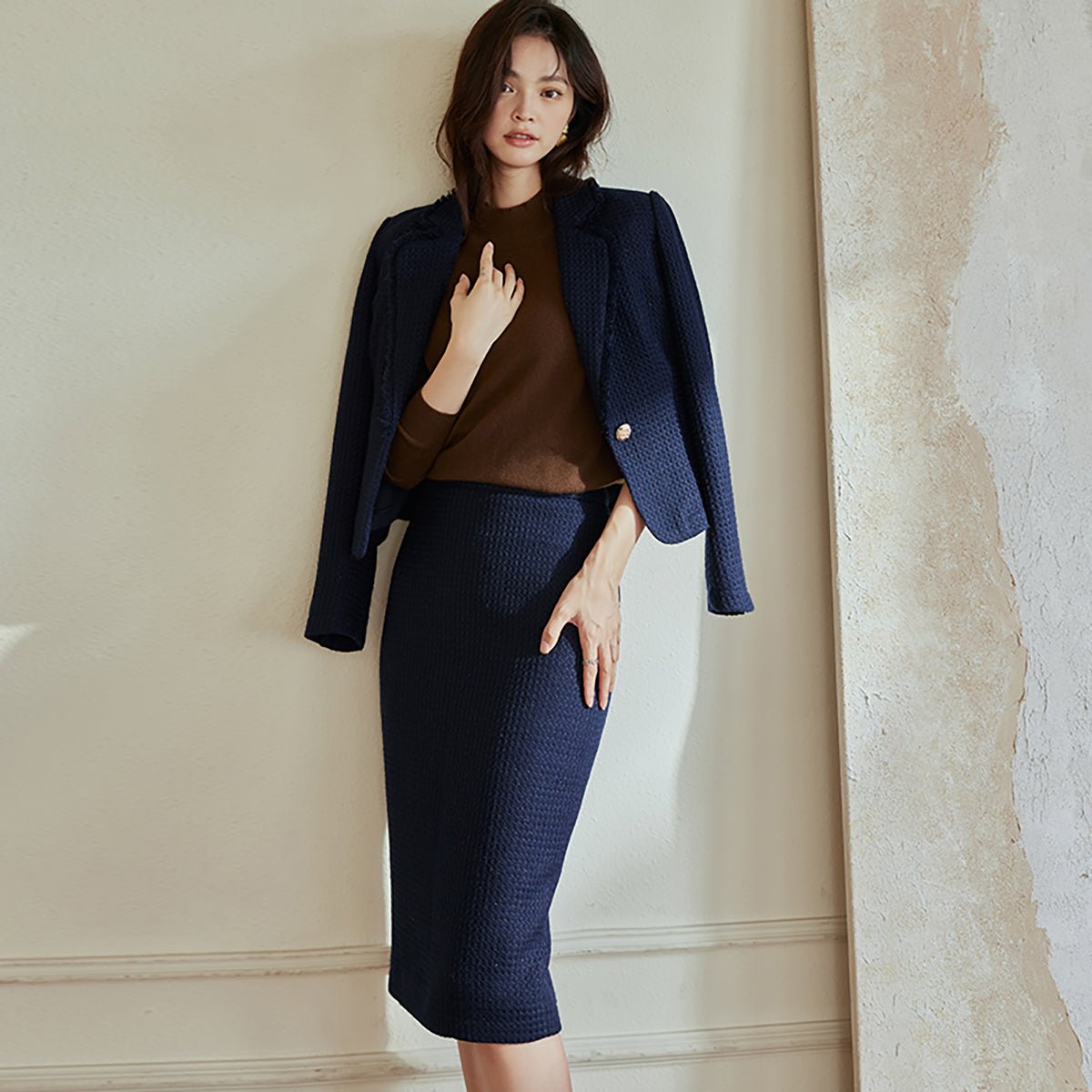 Navy Single Breasted Blazer and Midi Skirt Set   0cm