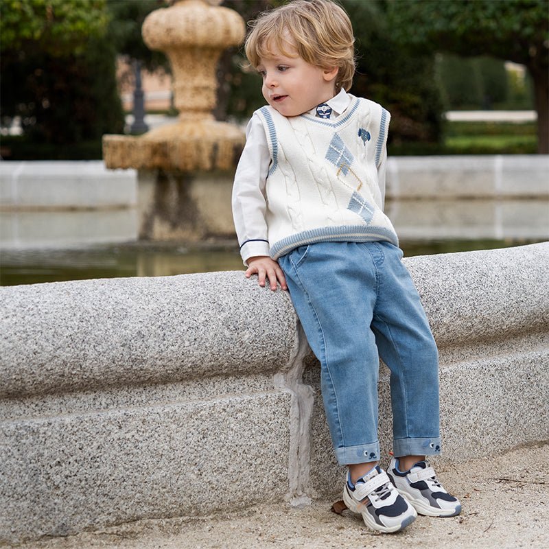 Navy Trim Removable Tie Boy White Shirt   0cm