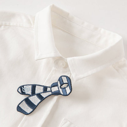 Navy Trim Removable Tie Boy White Shirt - 0cm