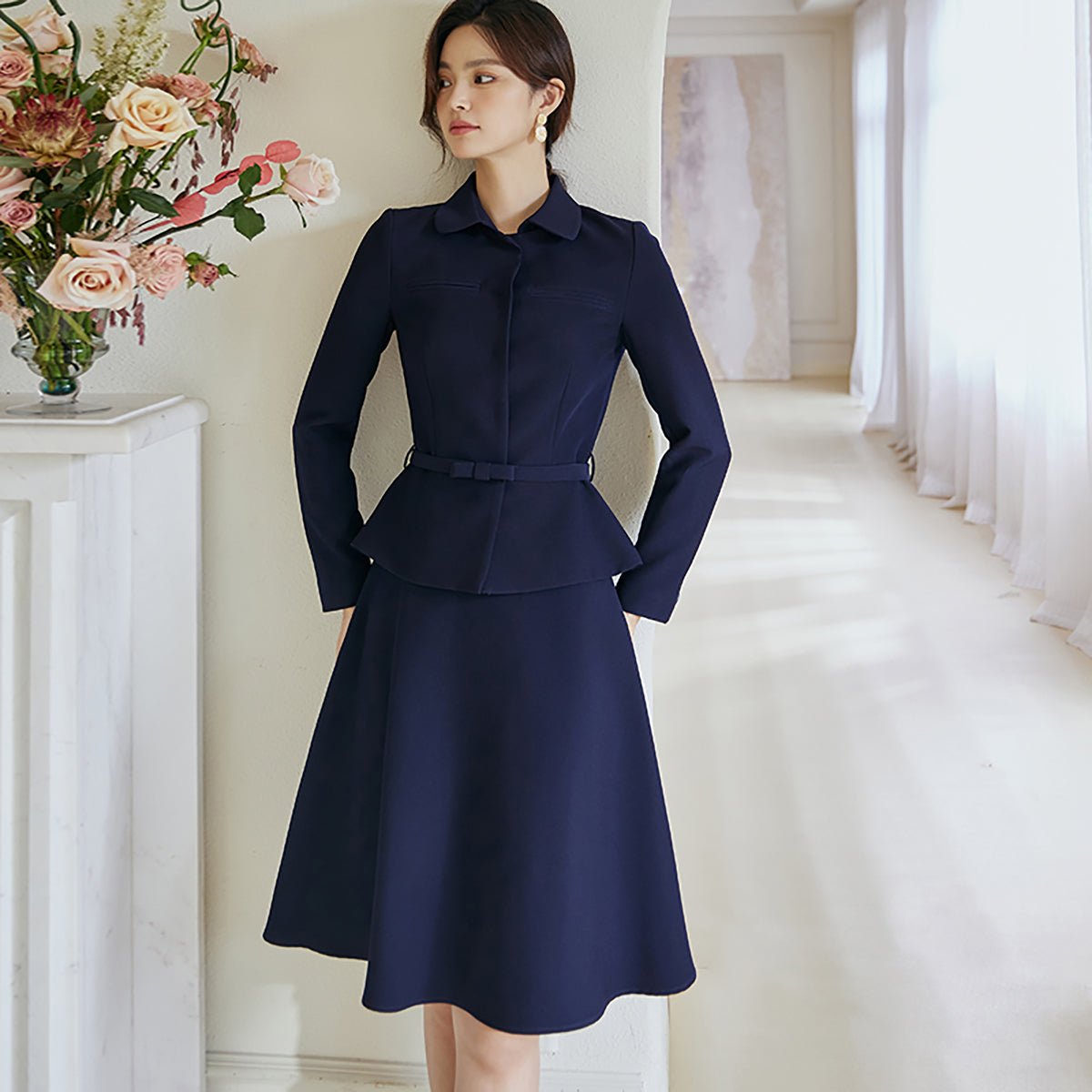 Navy Two Piece Suit Skirt Set with a Detachable Belt   0cm
