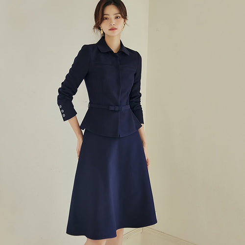 Navy Two Piece Suit Skirt Set with a Detachable Belt   0cm