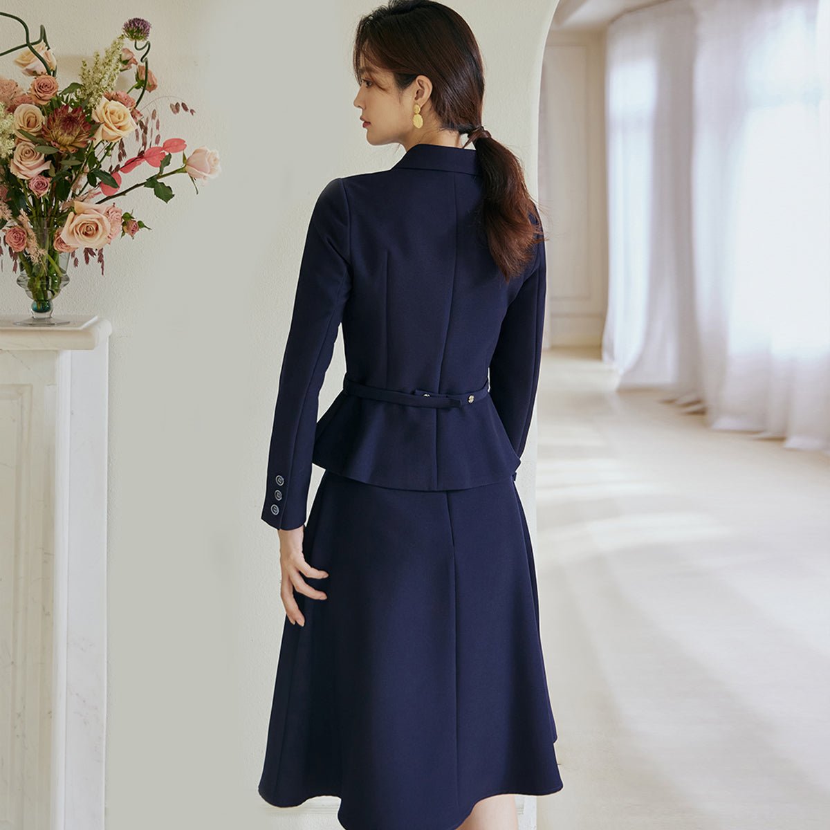 Navy Two Piece Suit Skirt Set with a Detachable Belt   0cm