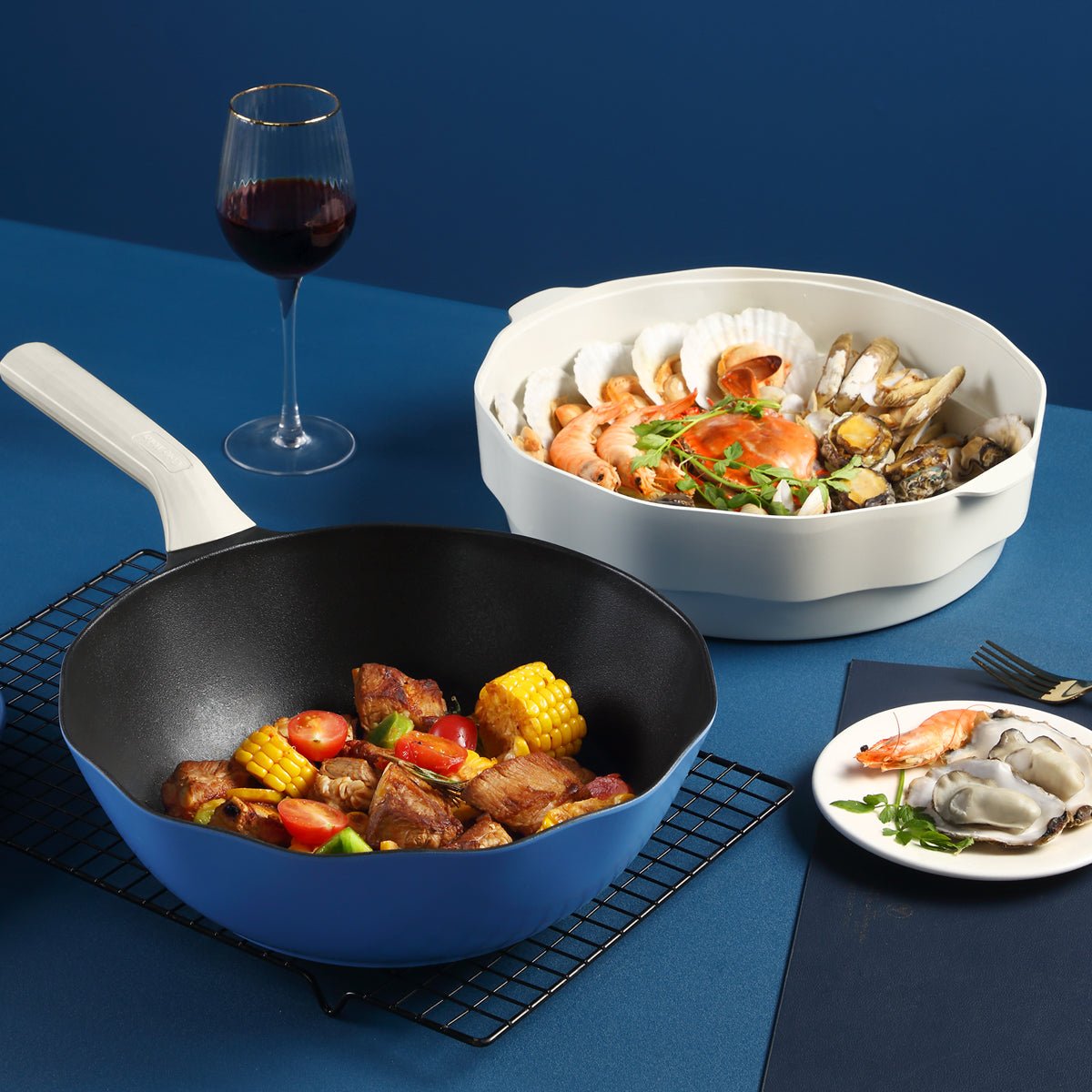 Ocean Wave Maifan Stone 30cm Blue Non stick Seafood Steaming Wok Pot   0cm