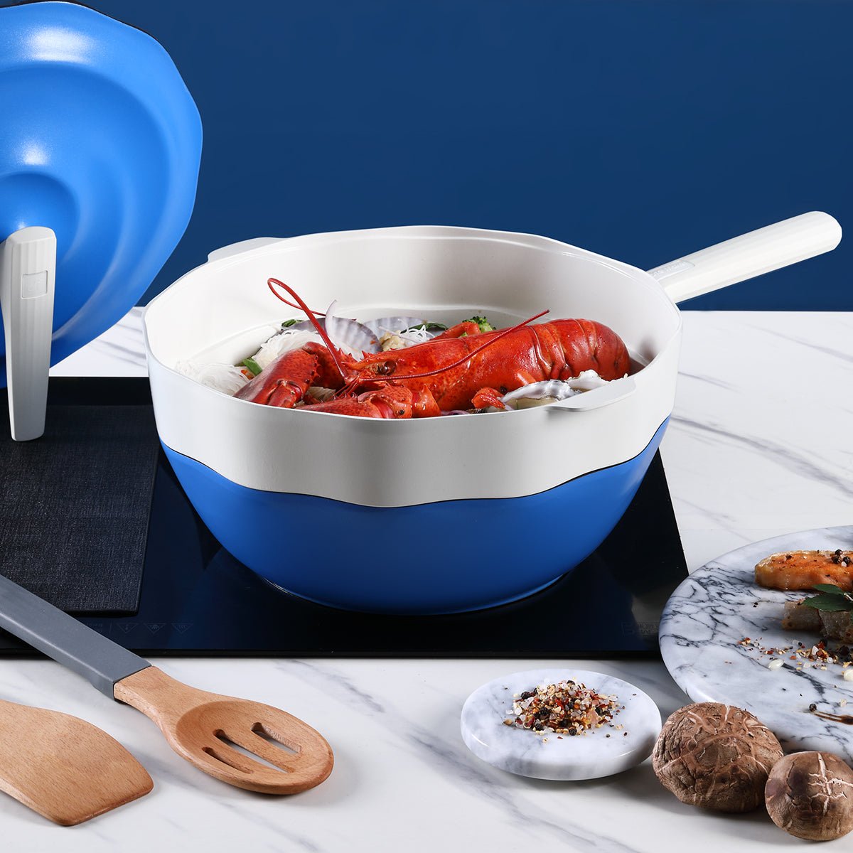 Ocean Wave Maifan Stone 30cm Blue Non stick Seafood Steaming Wok Pot   0cm
