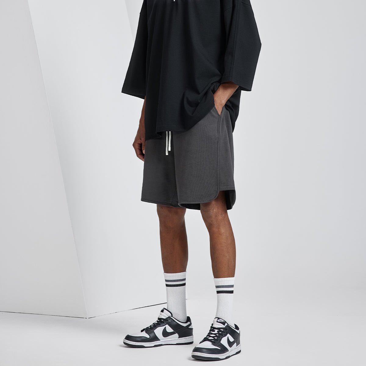 On Vacation Heavyweight Black Drawstring Waist Track Shorts   0cm