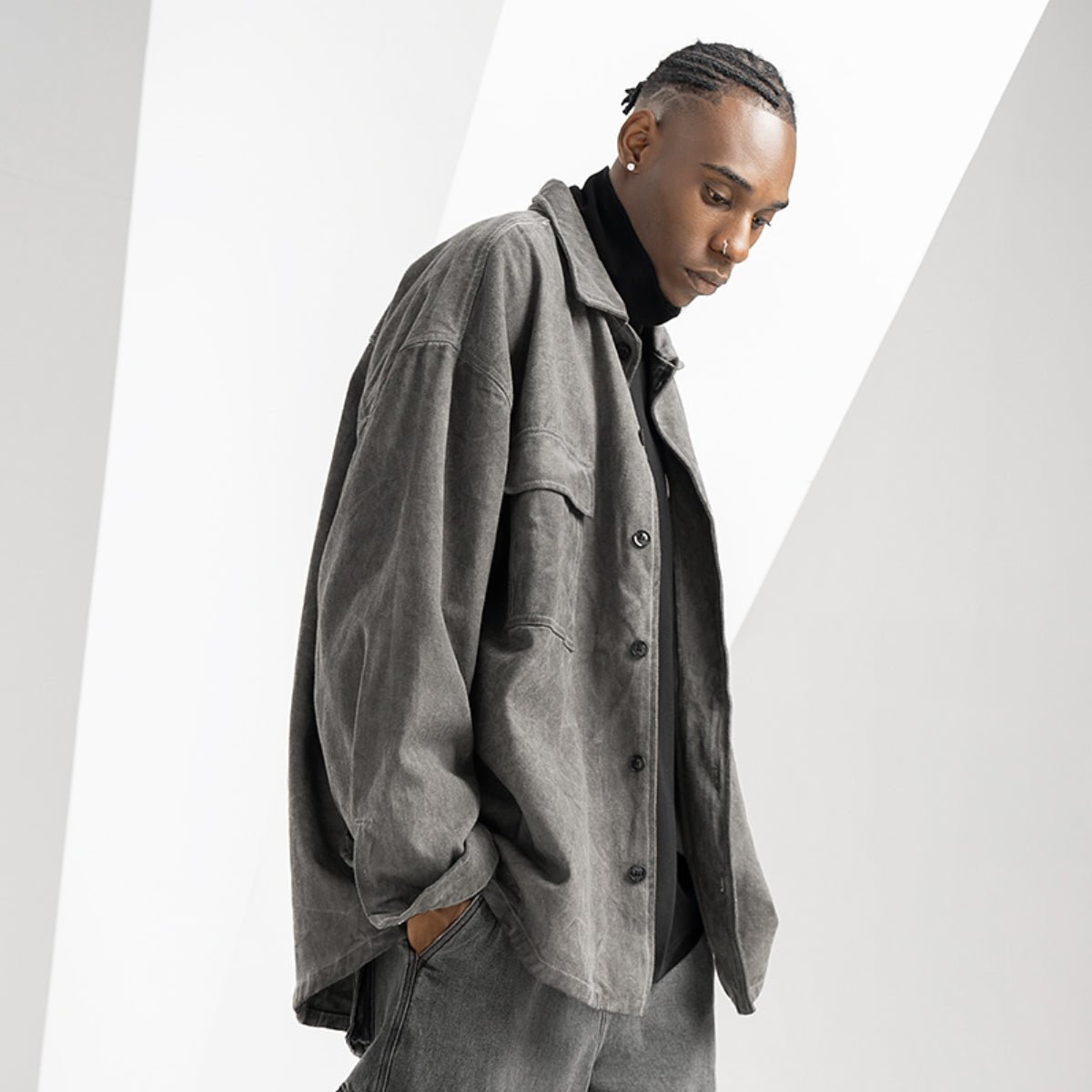 Overdyed Vintage Drop Shoulder Button Up Grey Jacket   0cm