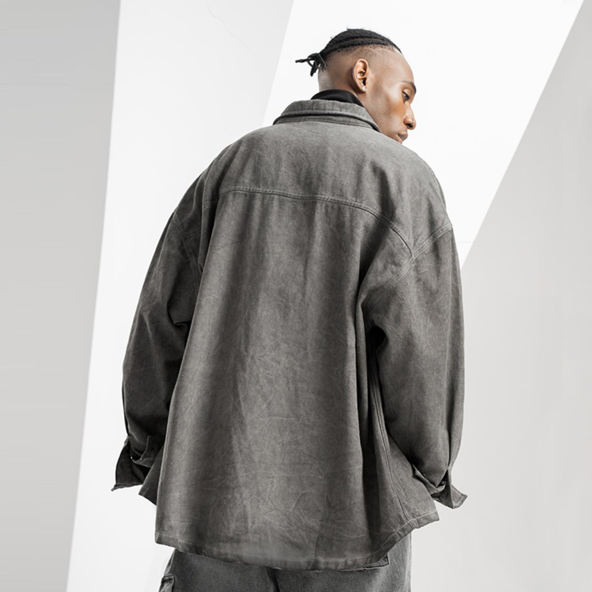 Overdyed Vintage Drop Shoulder Button Up Grey Jacket   0cm