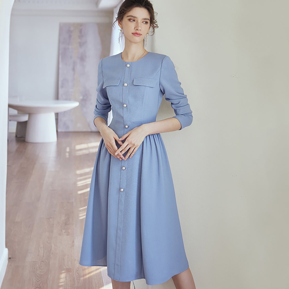 Pearl Button Blue Midi Dress   0cm