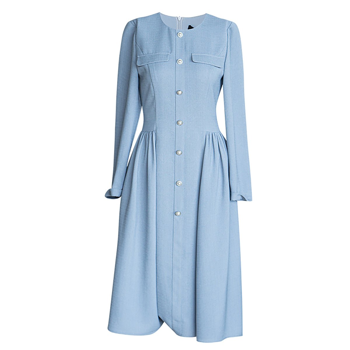 Pearl Button Blue Midi Dress   0cm