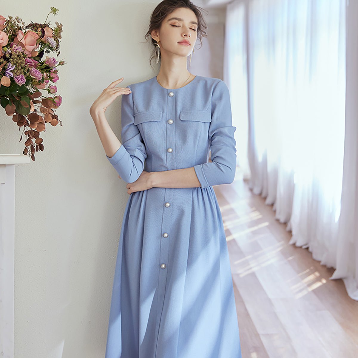 Pearl Button Blue Midi Dress   0cm