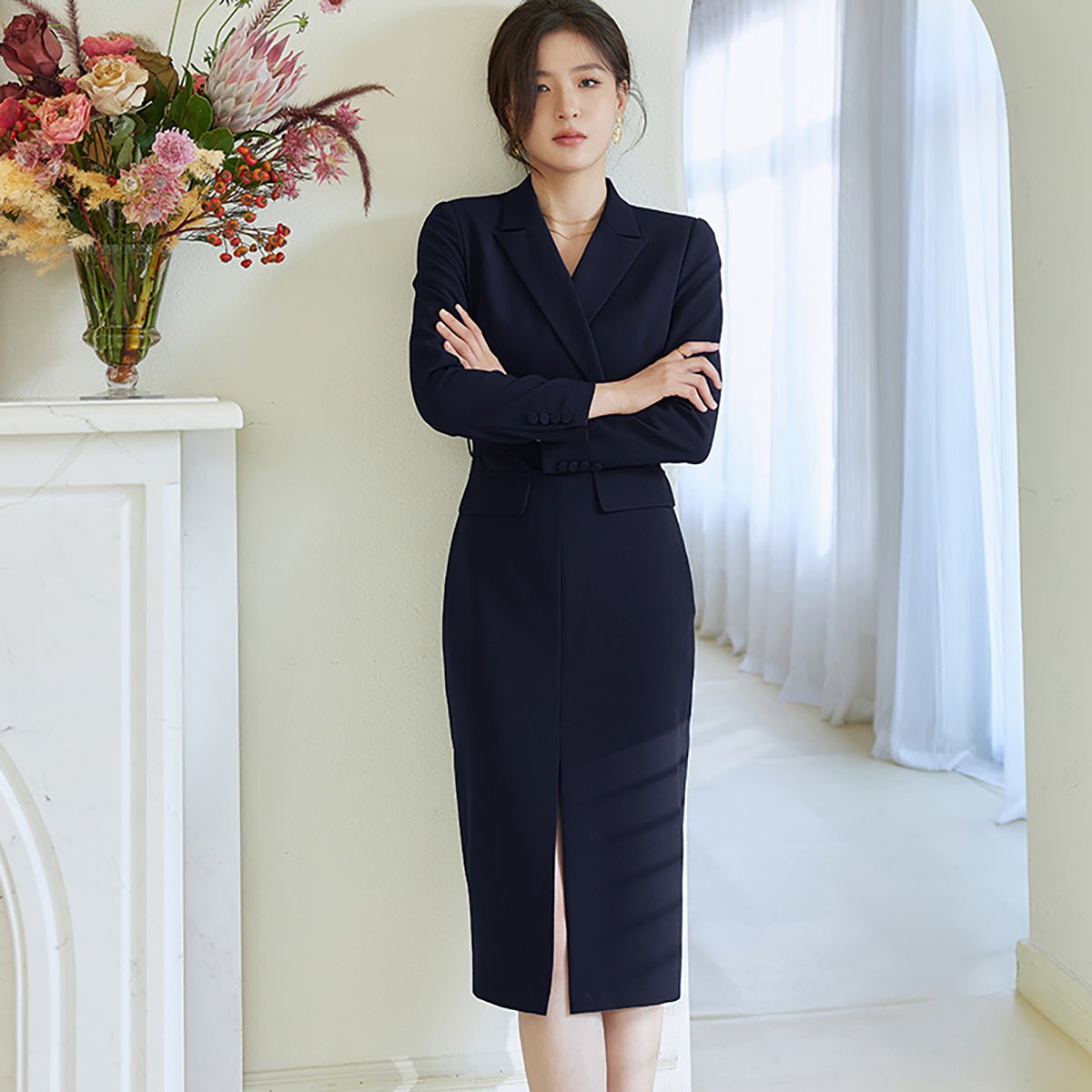 Pencil Cut Coat Dress in Navy   0cm