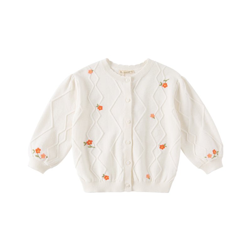 Petal Collar Flower Embroidery Cable Knitted Ivory Cardigan - 0cm