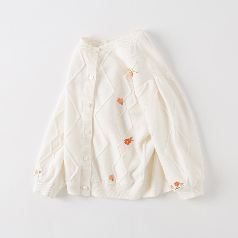 Petal Collar Flower Embroidery Cable Knitted Ivory Cardigan   0cm