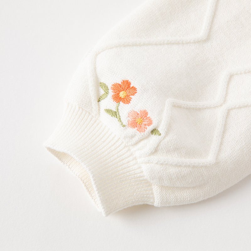 Petal Collar Flower Embroidery Cable Knitted Ivory Cardigan   0cm