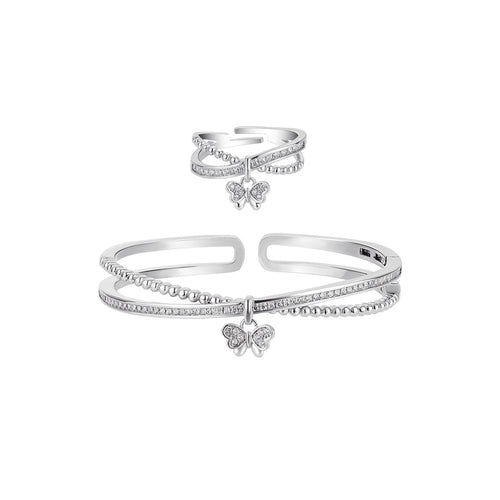 Phantasmal Butterfly Double Open Cuff Silver Bangle & Ring Set   0cm
