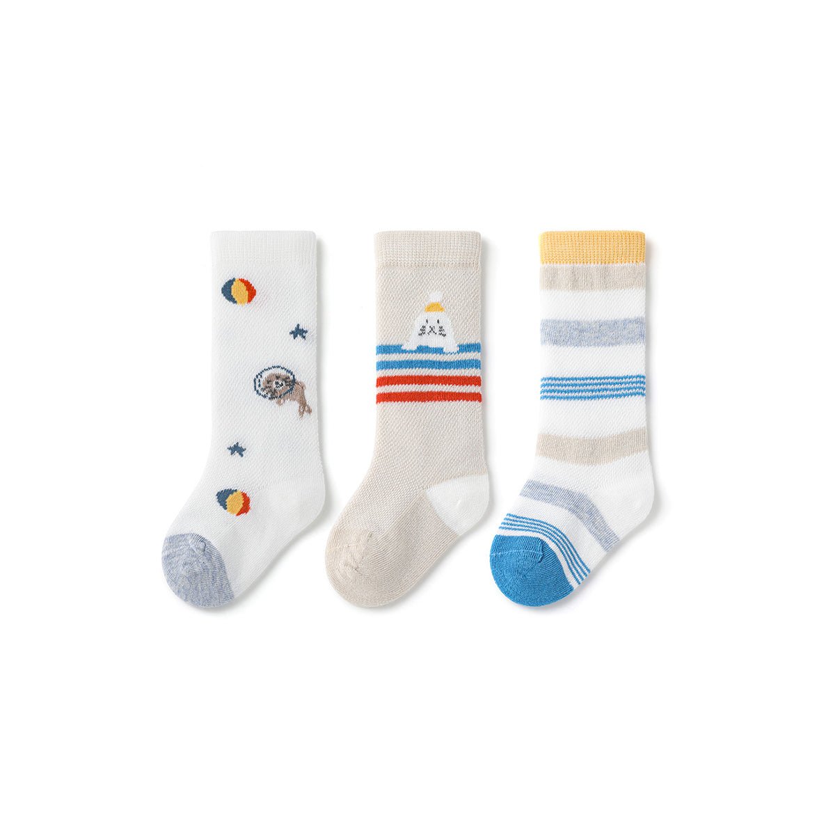 Playful Seal Thin Mesh Breathable Baby Boy 3pcs Over The Knee Socks Set - 0cm