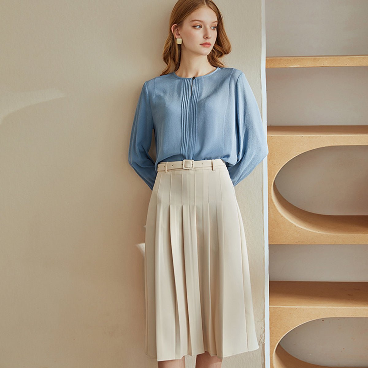 Pleated Apricot High Waist Skirt 0cm