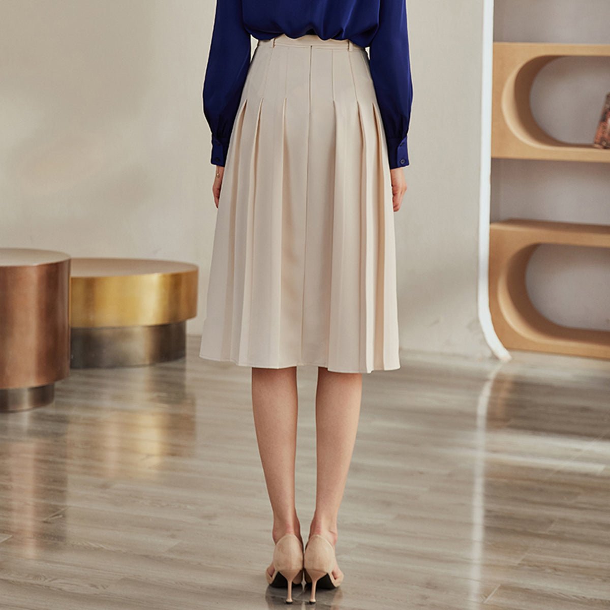 Pleated Apricot High-Waist Skirt - 0cm