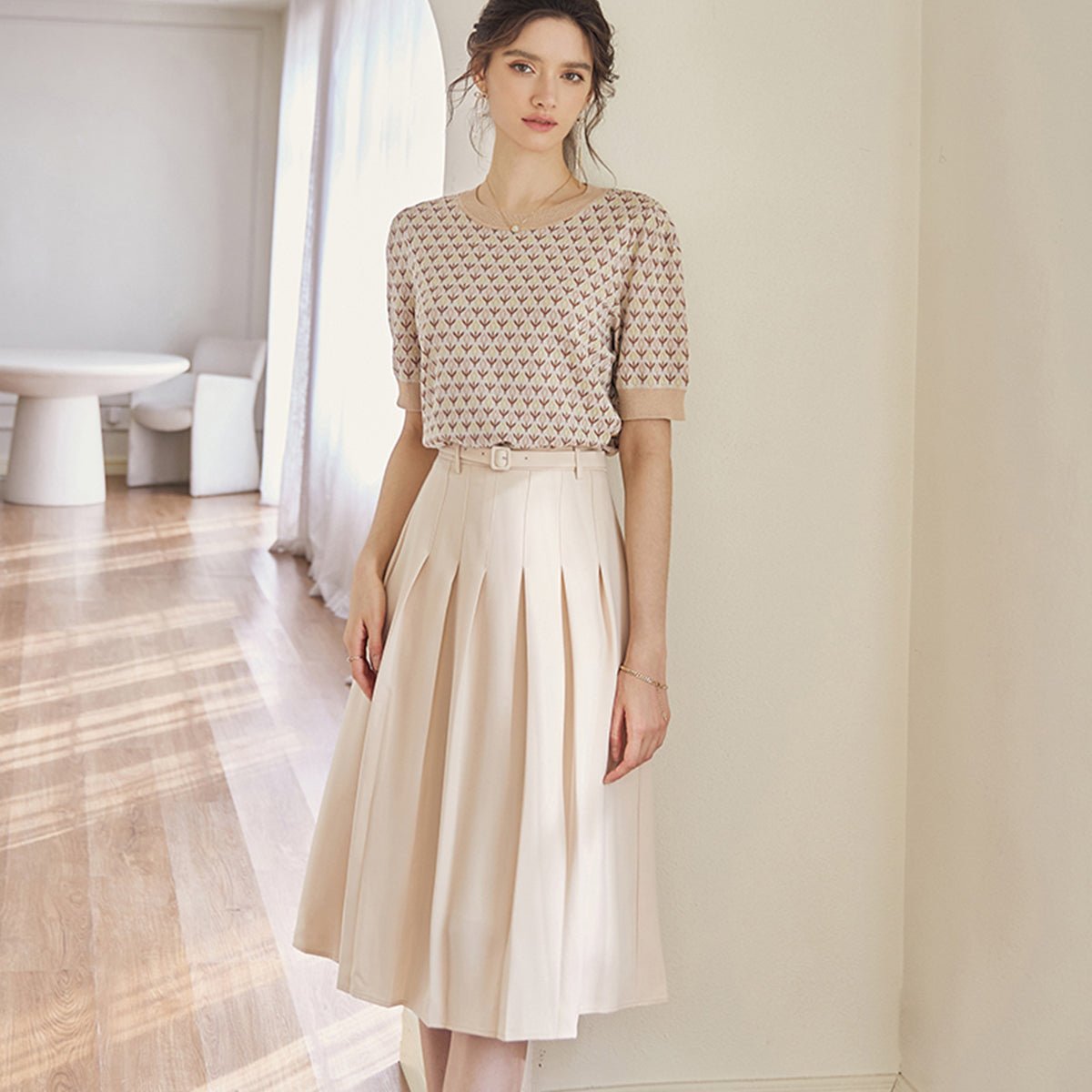 Pleated Apricot High Waist Skirt 0cm