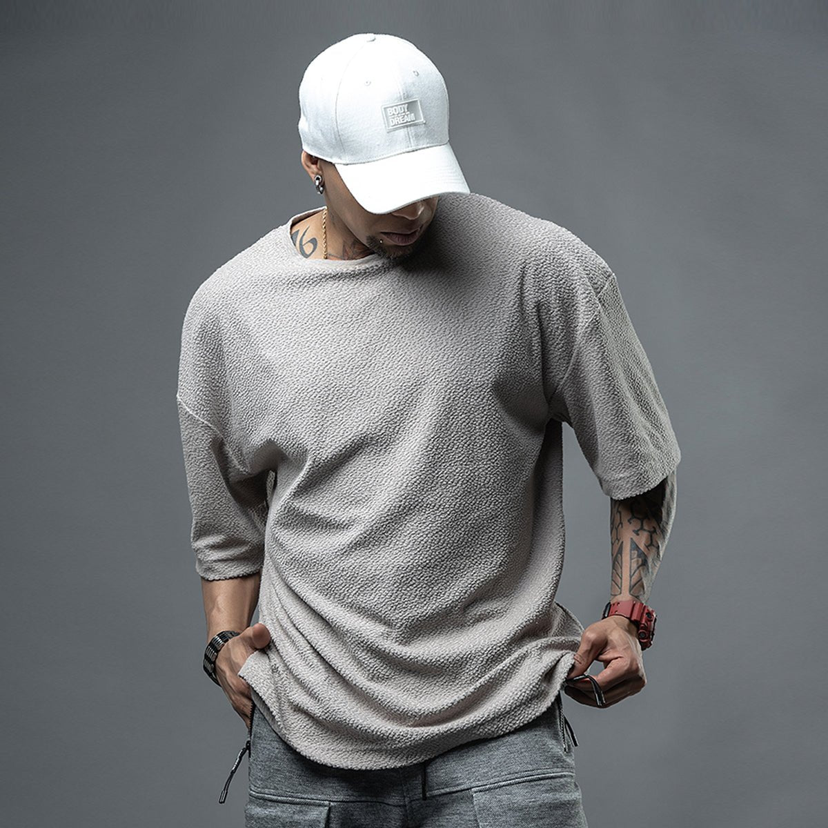 Popping Oversized Textured Beige Fleece Tee   0cm