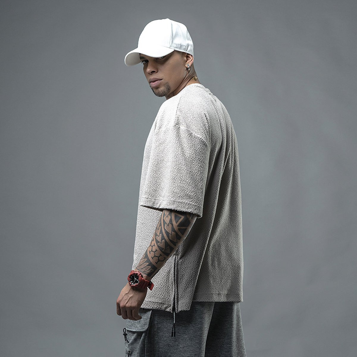 Popping Oversized Textured Beige Fleece Tee   0cm