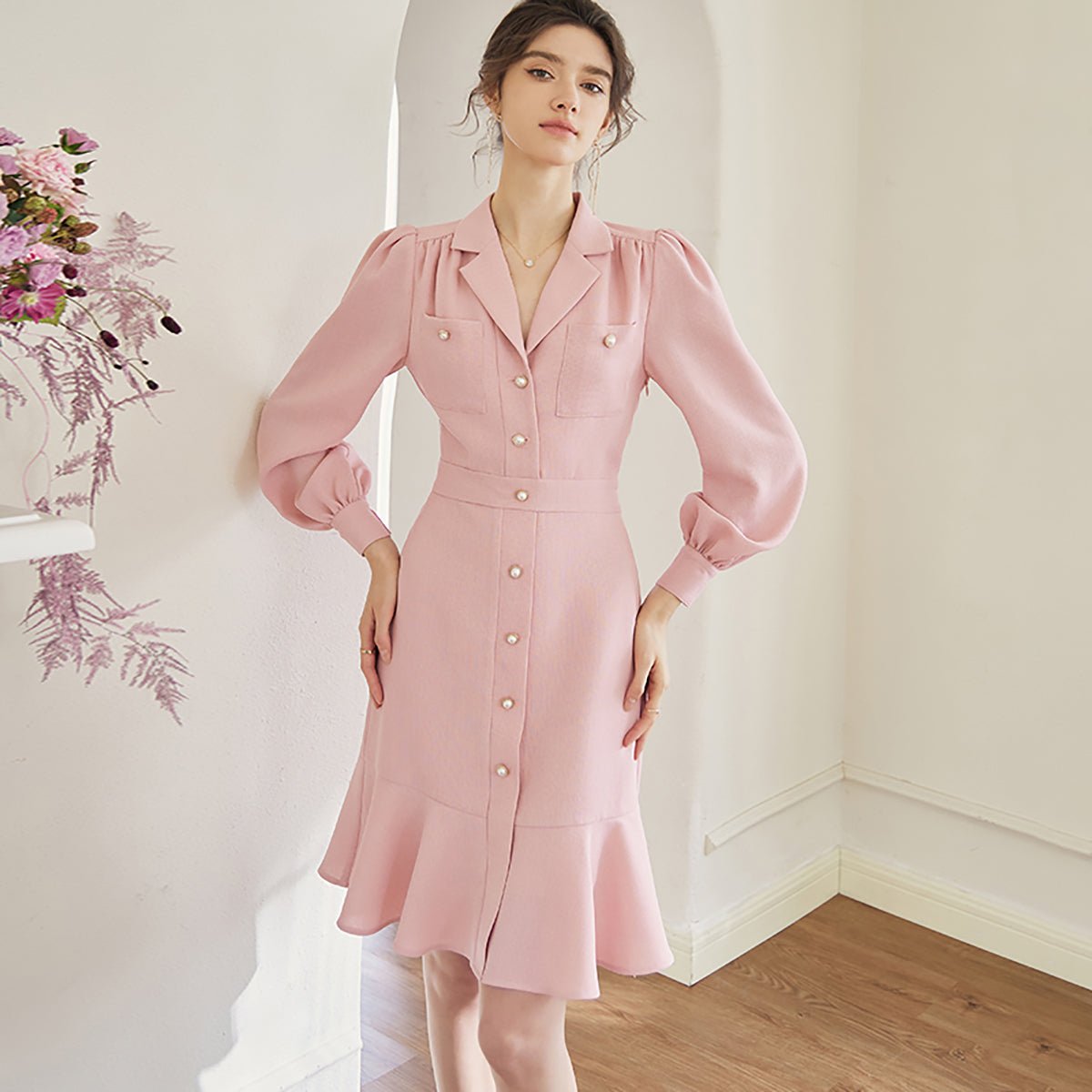 Pretty Pink Lapel Midi Dress   0cm