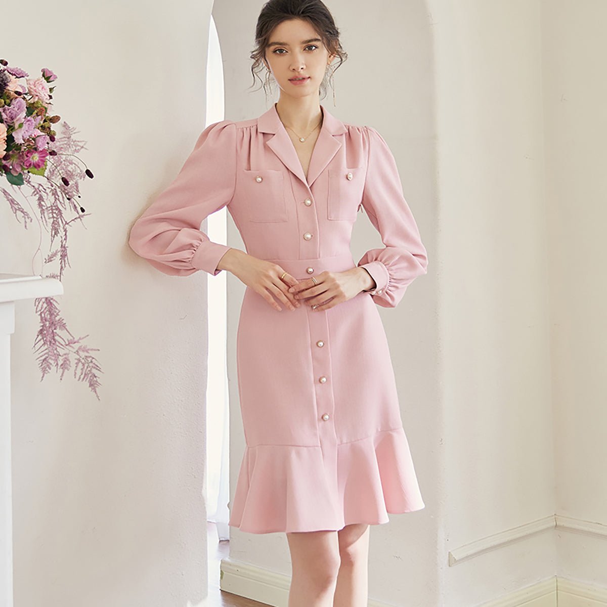 Pretty Pink Lapel Midi Dress   0cm