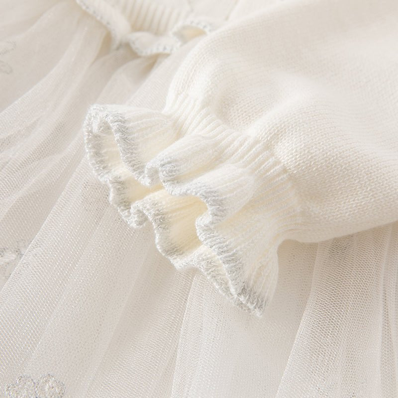 Pricess Girl Mesh Embroidery White Knitted Dress With Headband   0cm