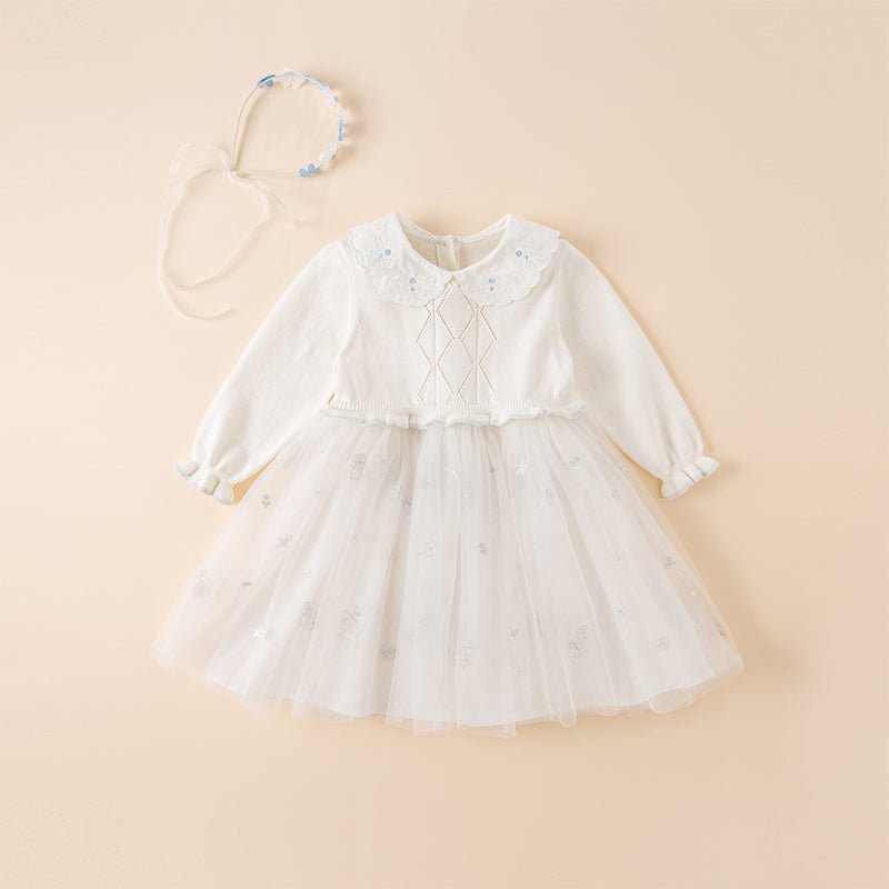 Pricess Girl Mesh Embroidery White Knitted Dress With Headband   0cm