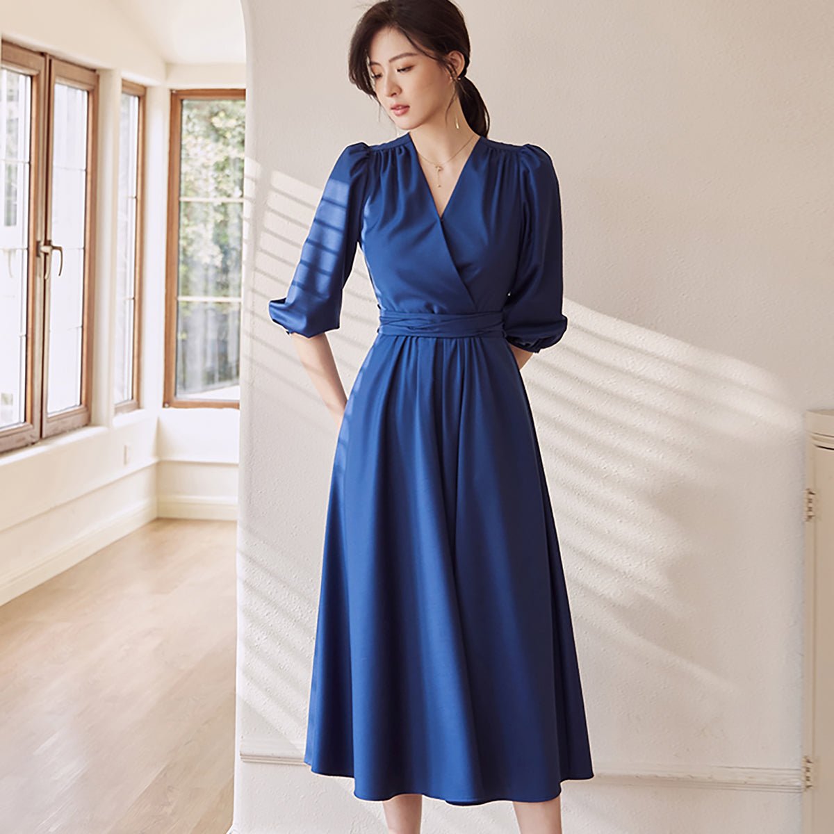 Puff Sleeve Navy Wrap Midi Dress   0cm