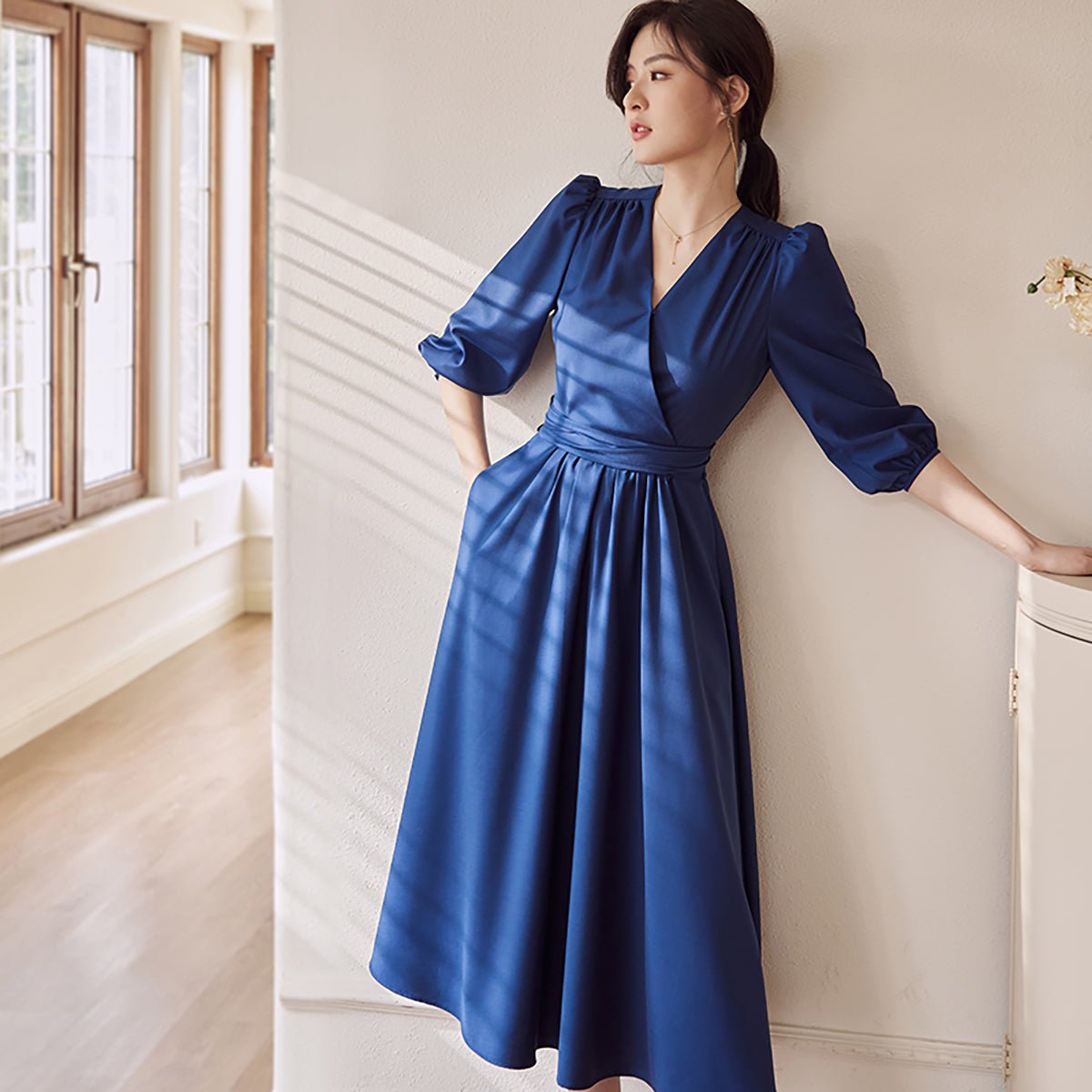 Puff Sleeve Navy Wrap Midi Dress   0cm
