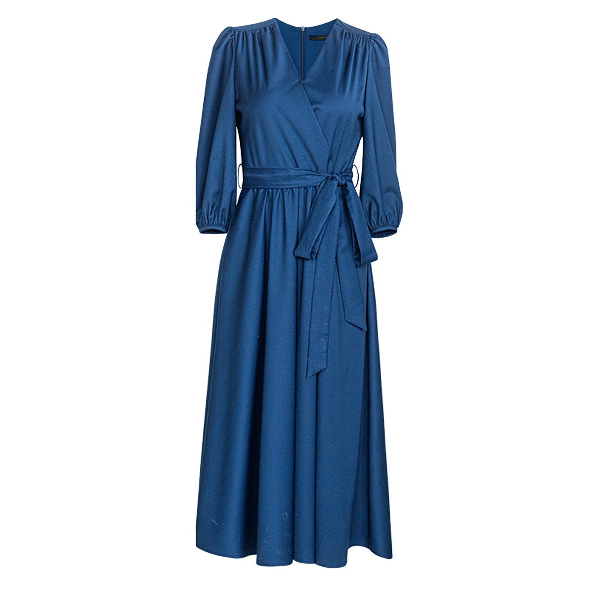 Puff Sleeve Navy Wrap Midi Dress - 0cm