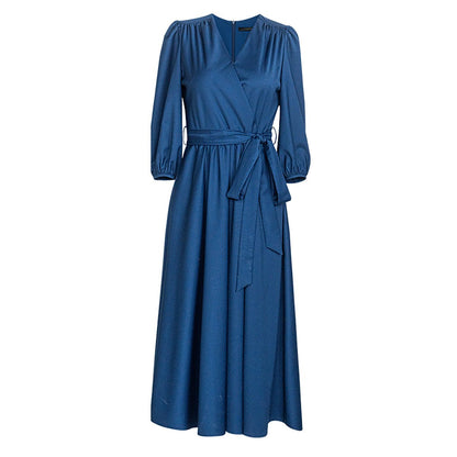 Puff Sleeve Navy Wrap Midi Dress - 0cm