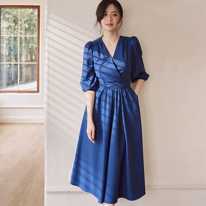 Puff Sleeve Navy Wrap Midi Dress - 0cm